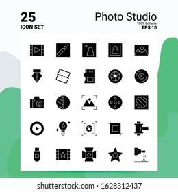 25 Photo Studio Icon Set. 100% Editable EPS 10 Files. Business Logo Concept Ideas Solid Glyph icon design