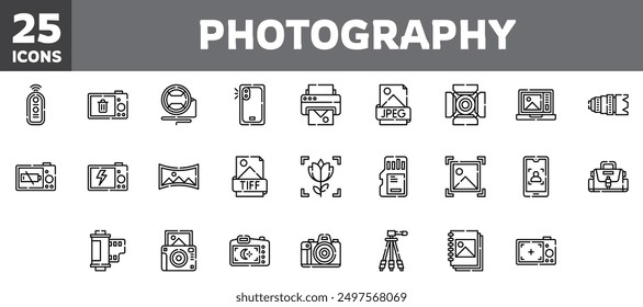 25 photography icons set, vector line, editable stroke.