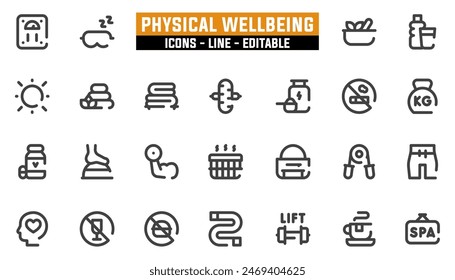 25 physical wellbeing icons set, vector line, editable stroke.