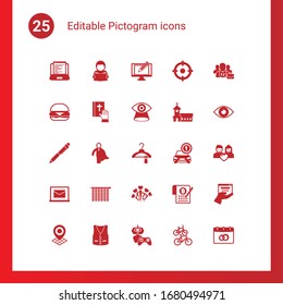 25 pictogram filled icons set isolated on . Icons set with Web Development, Reading, Digital illustration, burger, vow, Vision, Pen, business hero, Clothes, Online library icons.