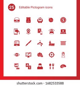 25 pictogram filled icons set isolated on . Icons set with burger, vest, celebration, SiteMap, Geo Targeting, vow, Web Development, Pen, Clothes, vision, Digital illustration icons.