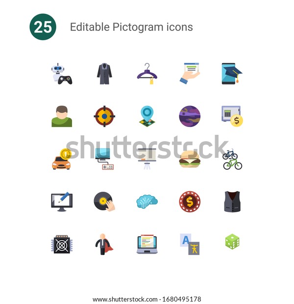 25\
pictogram flat icons set isolated on . Icons set with NPC, coat,\
Clothes, User, Shooter, Geo Targeting, Car rental, Video games,\
Board stand, Digital illustration, DJing\
icons.