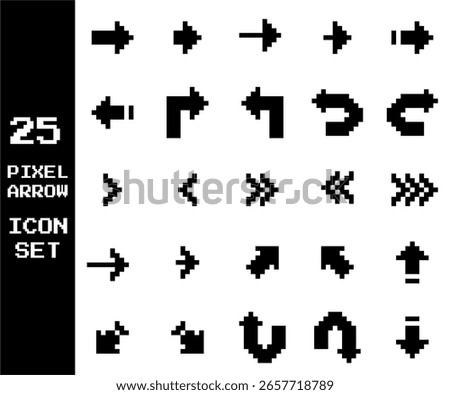 25 pixel-style arrows in 8-bit retro design. Great for UI, maps, games, and digital projects.