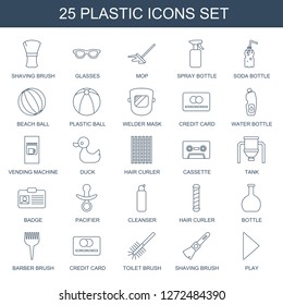 25 plastic icons. Trendy plastic icons white background. Included line icons such as shaving brush, glasses, mop, spray bottle, soda bottle, beach ball. plastic icon for web and mobile.