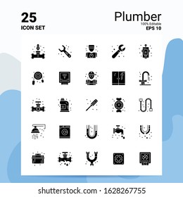 25 Plumber Icon Set. 100% Editable EPS 10 Files. Business Logo Concept Ideas Solid Glyph icon design