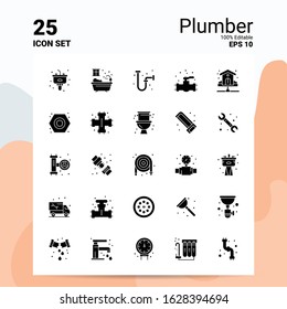 25 Plumber Icon Set. 100% Editable EPS 10 Files. Business Logo Concept Ideas Solid Glyph icon design