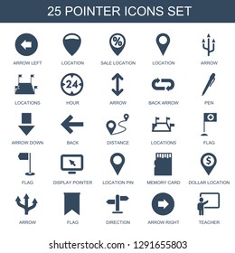 25 pointer icons. Trendy pointer icons white background. Included filled icons such as arrow left, location, sale location, arrow, locations. pointer icon for web and mobile.