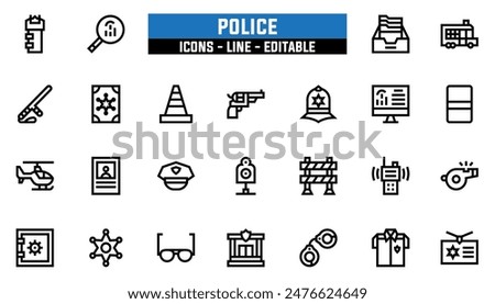 25 police icons set, vector line, editable stroke.