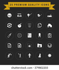 25 Premium Quality icon set. vintage yellow banner on top. simple pictogram minimal, flat, solid, mono, monochrome, plain, contemporary style. Vector illustration web internet design elements