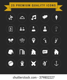 25 Premium Quality icon set. vintage yellow banner on top. simple pictogram minimal, flat, solid, mono, monochrome, plain, contemporary style. Vector illustration web internet design elements