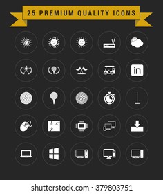 25 Premium Quality icon set. vintage yellow banner on top. simple pictogram minimal, flat, solid, mono, monochrome, plain, contemporary style. Vector illustration web internet design elements