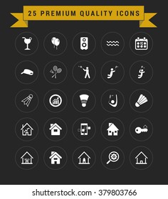 25 Premium Quality icon set. vintage yellow banner on top. simple pictogram minimal, flat, solid, mono, monochrome, plain, contemporary style. Vector illustration web internet design elements