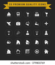 25 Premium Quality icon set. vintage yellow banner on top. simple pictogram minimal, flat, solid, mono, monochrome, plain, contemporary style. Vector illustration web internet design elements