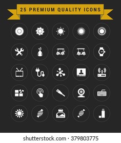 25 Premium Quality icon set. vintage yellow banner on top. simple pictogram minimal, flat, solid, mono, monochrome, plain, contemporary style. Vector illustration web internet design elements