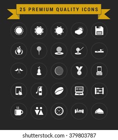 25 Premium Quality icon set. vintage yellow banner on top. simple pictogram minimal, flat, solid, mono, monochrome, plain, contemporary style. Vector illustration web internet design elements