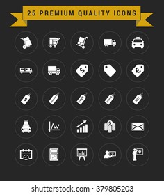 25 Premium Quality icon set. vintage yellow banner on top. simple pictogram minimal, flat, solid, mono, monochrome, plain, contemporary style. Vector illustration web internet design elements