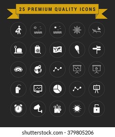 25 Premium Quality icon set. vintage yellow banner on top. simple pictogram minimal, flat, solid, mono, monochrome, plain, contemporary style. Vector illustration web internet design elements