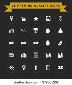 25 Premium Quality icon set. vintage yellow banner on top. simple pictogram minimal, flat, solid, mono, monochrome, plain, contemporary style. Vector illustration web internet design elements