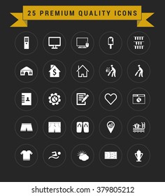 25 Premium Quality icon set. vintage yellow banner on top. simple pictogram minimal, flat, solid, mono, monochrome, plain, contemporary style. Vector illustration web internet design elements