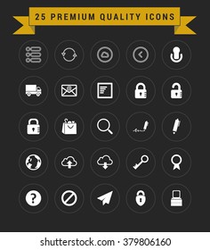 25 Premium Quality icon set. vintage yellow banner on top. simple pictogram minimal, flat, solid, mono, monochrome, plain, contemporary style. Vector illustration web internet design elements