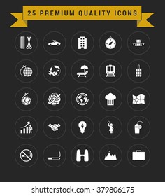 25 Premium Quality icon set. vintage yellow banner on top. simple pictogram minimal, flat, solid, mono, monochrome, plain, contemporary style. Vector illustration web internet design elements