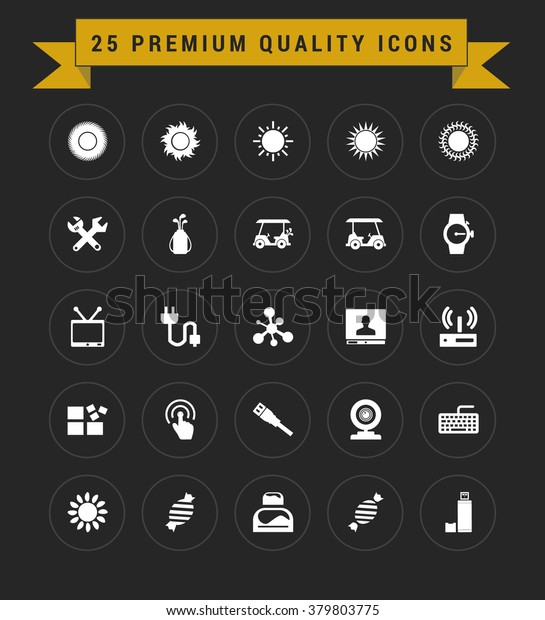 25 Premium Quality icon set. vintage yellow\
banner on top. simple pictogram minimal, flat, solid, mono,\
monochrome, plain, contemporary style. Vector illustration web\
internet design elements