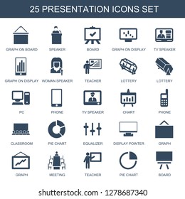 25 presentation icons. Trendy presentation icons white background. Included filled icons such as graph on board, speaker, board, graph on display. presentation icon for web and mobile.