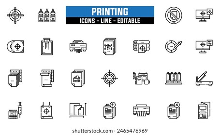 25 iconos de impresión, línea de Vector, trazo editable.