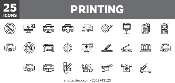 25 iconos de la impresión fijados, línea del Vector, movimiento editable.