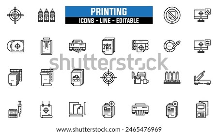 25 printing icons set, vector line, editable stroke.