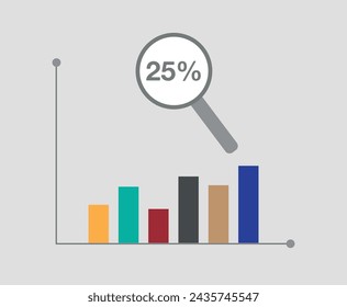 25% de beneficio y ganancia de capital. Aumento financiero en gráficos de barras, lupa con ganancia y ganancia de dinero