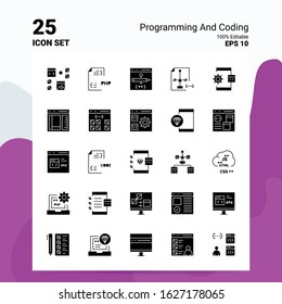 25 Programming And Coding Icon Set. 100% Editable EPS 10 Files. Business Logo Concept Ideas Solid Glyph icon design