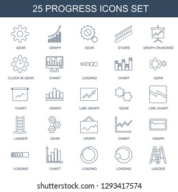 25 progress icons. Trendy progress icons white background. Included line icons such as gear, graph, stairs, graph on board, clock in gear, chart. progress icon for web and mobile.