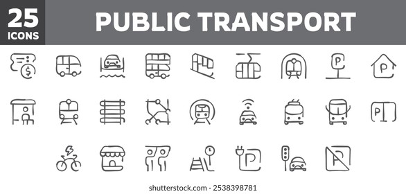 25 Symbole für den öffentlichen Nahverkehr, Vektorlinie, editierbarer Strich.