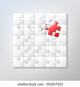 25 puzzle pieces are assembled in the square. 1 red exception element in a group of white. Vector illustration.