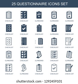 25 questionnaire icons. Trendy questionnaire icons white background. Included filled and outline icons such as checklist, clipboard, check list. questionnaire icon for web and mobile.
