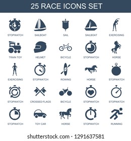 25 race icons. Trendy race icons white background. Included filled icons such as stopwatch, sailboat, sail, exercising, train toy, helmet, bicycle. race icon for web and mobile.