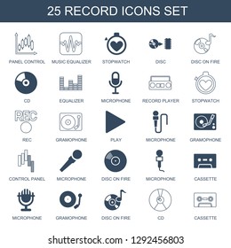 25 record icons. Trendy record icons white background. Included filled and line icons such as panel control, music equalizer, stopwatch, disc. record icon for web and mobile.