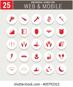 25 Red Universal icon set. simple pictogram minimal, flat, solid, mono, monochrome, plain, contemporary style. Vector illustration web internet design elements
