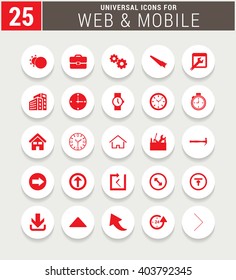 25 Red Universal icon set. simple pictogram minimal, flat, solid, mono, monochrome, plain, contemporary style. Vector illustration web internet design elements
