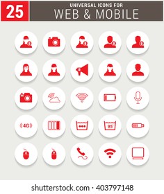 25 Red Universal icon set. simple pictogram minimal, flat, solid, mono, monochrome, plain, contemporary style. Vector illustration web internet design elements
