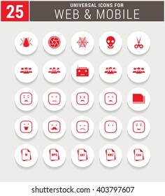 25 Red Universal icon set. simple pictogram minimal, flat, solid, mono, monochrome, plain, contemporary style. Vector illustration web internet design elements

