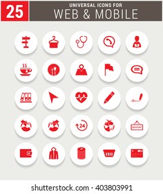 25 Red Universal icon set. simple pictogram minimal, flat, solid, mono, monochrome, plain, contemporary style. Vector illustration web internet design elements