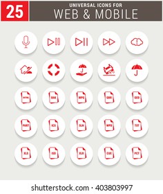 25 Red Universal icon set. simple pictogram minimal, flat, solid, mono, monochrome, plain, contemporary style. Vector illustration web internet design elements