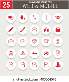 25 Red Universal icon set. simple pictogram minimal, flat, solid, mono, monochrome, plain, contemporary style. Vector illustration web internet design elements