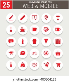 25 Red Universal icon set. simple pictogram minimal, flat, solid, mono, monochrome, plain, contemporary style. Vector illustration web internet design elements