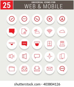 25 Red Universal icon set. simple pictogram minimal, flat, solid, mono, monochrome, plain, contemporary style. Vector illustration web internet design elements