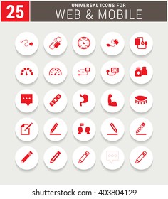 25 Red Universal icon set. simple pictogram minimal, flat, solid, mono, monochrome, plain, contemporary style. Vector illustration web internet design elements