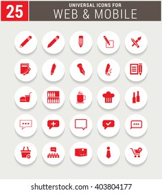 25 Red Universal icon set. simple pictogram minimal, flat, solid, mono, monochrome, plain, contemporary style. Vector illustration web internet design elements