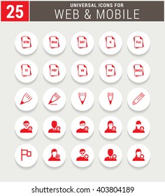 25 Red Universal icon set. simple pictogram minimal, flat, solid, mono, monochrome, plain, contemporary style. Vector illustration web internet design elements